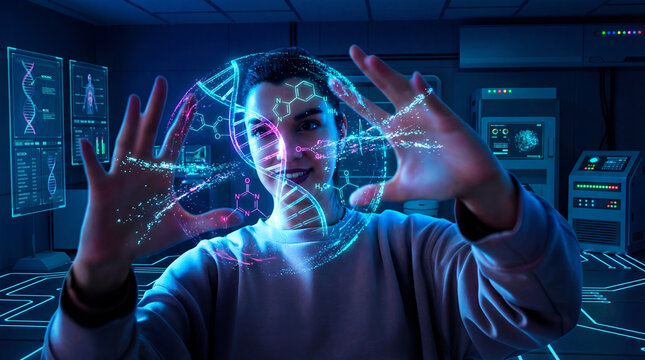 Scientist Manipulating Futuristic Holographic DNA Structure