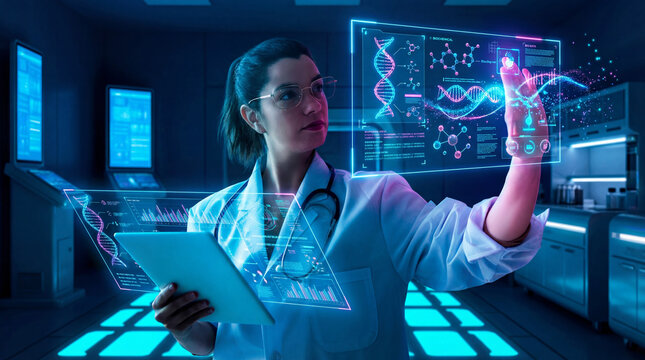 Young Female Scientist Interacting with Holographic DNA Interface