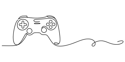 Continuous line drawing of a video game controller with a flowing line extending to the right, minimalist design, isolated on white Vector, illustration