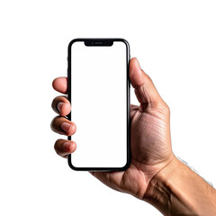 A hand holding a smartphone with a blank white screen against a stark black background.