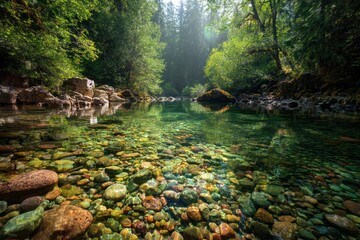 Clear Water Stream in Lush Forest Showing River Bottom