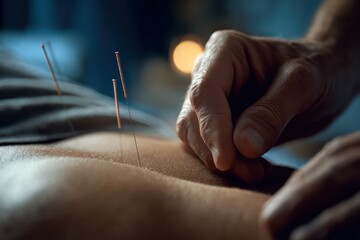 Close-up of needles on patient's back during acupuncture session