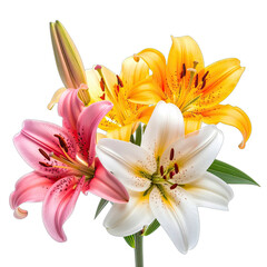 A vibrant bouquet of pink, yellow, and white lilies against a stark black background.