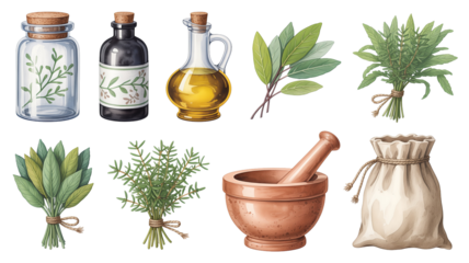 Herbal Ingredients with Bottles Leaves Oil and Mortar Pestle Isolated on White Background