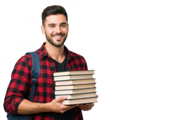 Smiling young man with beard wearing a red plaid shirt and backpack holding a stack of books isolated on transparent background