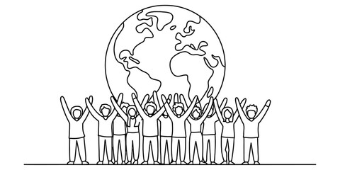 United group of diverse people raise hands in joy and support for planet earth, symbolizing global unity, teamwork, community, and environmental awareness. Vector, illustration