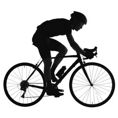 Naklejka premium Silhouette of a professional cyclist in motion, wearing a helmet and sportswear, captured in a dynamic race pose.