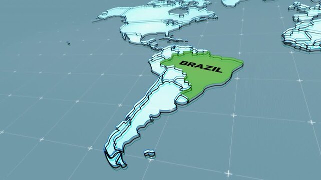  a futuristic 3D map showing part of Brazil, South America, map of South America, Brazil map, animation