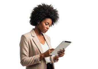 Professional african american woman in business attire examining a digital tablet with focused expression isolated on transparent background