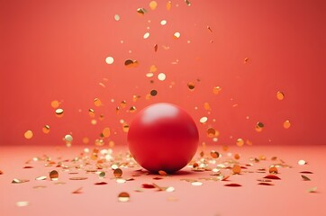 Red Sphere Surrounded by Golden Confetti