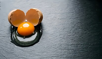 A raw egg cracked onto a dark slate stone surface, positioned strictly on the left. The jagged edges of the beige shell are sharp. The bright orange yolk sits high and glossy, surrounded 
