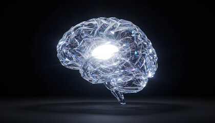 AI and Mind Power Concept - 3D render of a crystalline brain symbolizing intelligence, data processing, and machine learning.