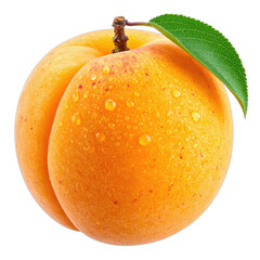 A vibrant, dew-kissed apricot with a single green leaf against a stark black background.