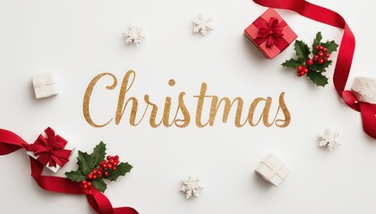 Centered gold Christmas wordmark with gentle arc surrounded by festive decorations, including red ribbons, holly, and gift boxes for a joyful holiday atmosphere