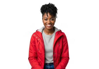 Smiling young black woman with styled hair wearing a bright red hooded jacket and a grey shirt isolated on transparent background