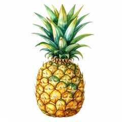 Fototapeta premium Whole Pineapple Fruit With Green Leaves on White Background Watercolor Style