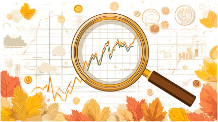 Autumnal stock market analysis with magnifying glass and falling leaves