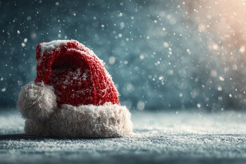 Festive Hat Amidst Snowfall: A cozy, red and white hat rests gently in the midst of a serene winter wonderland, softly blanketed by a delicate snowfall.
