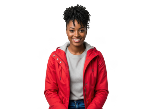Smiling young black woman with styled hair wearing a bright red hooded jacket and a grey shirt isolated on transparent background - Powered by Adobe