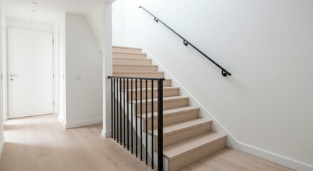 Modern Light Wooden Staircase with Black Metal Handrail Inside Bright Minimalist Home