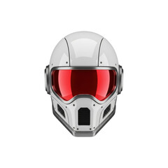 Fototapeta premium Futuristic white sci-fi helmet with a large red reflective visor and metallic details, featuring a glossy finish and symmetrical design in a studio lighting setup