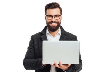 Smiling bearded man wearing glasses and blazer holding a laptop computer isolated on transparent background