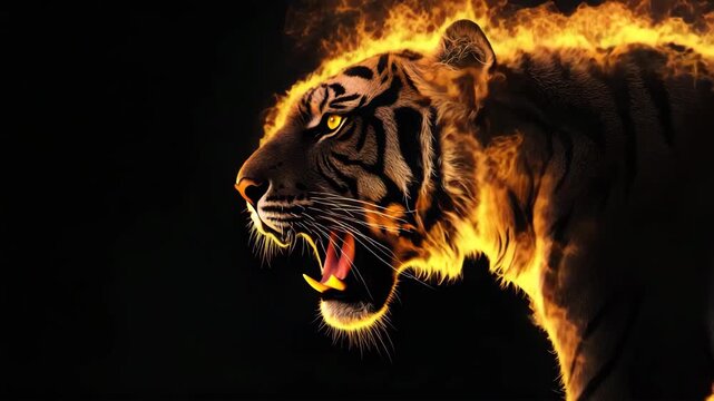Roaring tiger in blazing fire flames