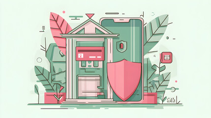 Digital Banking Security: Illustrated Bank, Smartphone, and Shield Composition
