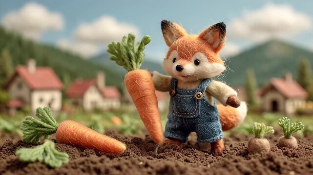 Adorable Claymation Fox Farmer Harvesting Carrots in a Whimsical Garden.