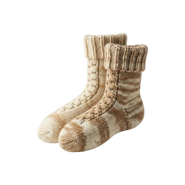 Warm hand-knitted wool socks with a beautiful cable and striped pattern, showcasing a cozy and comfortable handmade design for cold weather and hygge lifestyle concepts