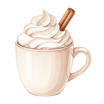 Hand-painted watercolor mug of a hot beverage with a generous dollop of whipped cream and a fragrant cinnamon stick, creating a warm and inviting feeling