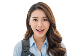 A young asian woman with long wavy brown hair wearing a blue collared shirt with a backpack isolated on transparent background