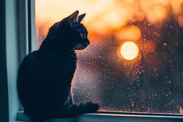 Beautiful cat watching glowing sunset high resolution picture