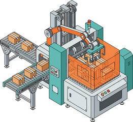 Isometric forklift truck in factory and warehouse building architecture for industry illustration design