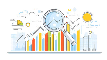 Magnifying Glass Over Colorful Bar Graph with Cityscape Background Illustration