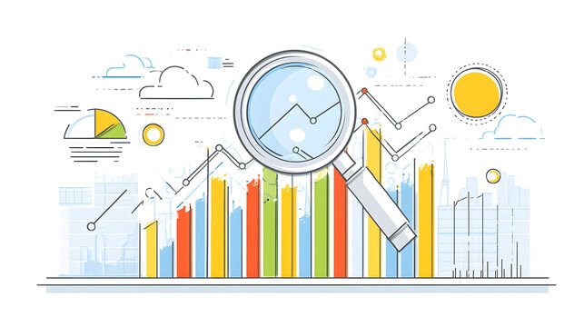 Magnifying Glass Over Colorful Bar Graph with Cityscape Background Illustration - Powered by Adobe