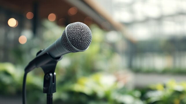 Microphone on stand blurred green backdrop