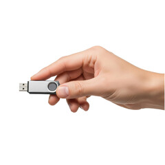 Silver and black swivel USB flash drive held carefully in a person's hand, representing digital information, data transfer, cybersecurity, and portable memory storage