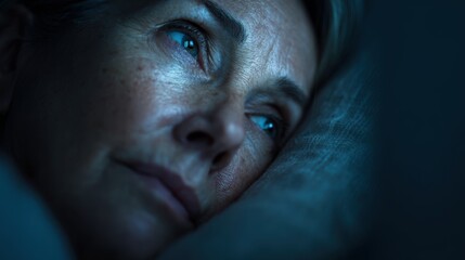 Fototapeta premium Middle aged woman lying awake in bed at night with insomnia, close up portrait with blue moonlight, sleepless mature female with sad thoughtful expression