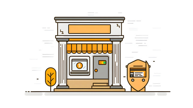 Stylized Bank Building with ATM and Orange Shield Icon, Financial Concept