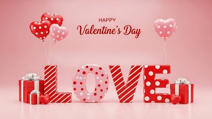 Happy valentine's day love text with heart balloons and gifts