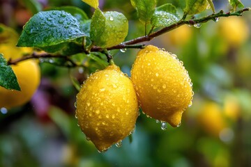 Close-up of Fresh Yellow Lemons with Dewdrops on Sunny Tree