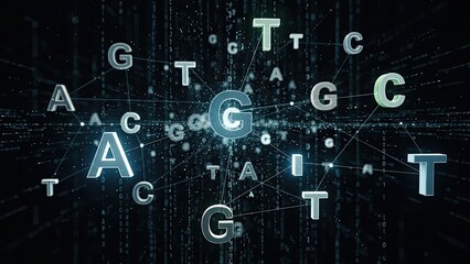 Genetic Code Abstract: Abstract wallpaper of floating, interconnected adenine, guanine, cytosine, and thymine letters (A, G, C, T) forming a complex pattern