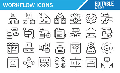 Data flow and workflow linear icons, digital process vector illustration