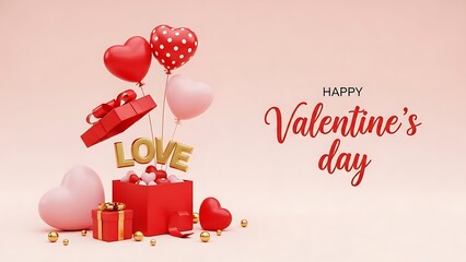 Valentine's day gift box with love text balloons and hearts