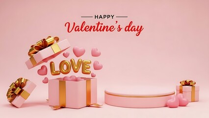Valentine's day gift boxes with floating love text and hearts