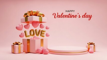 Valentine's day love gift box with heart shapes and golden letters