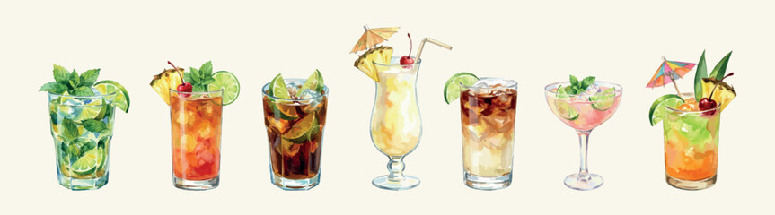 Rum classic cocktails set - 7 vector illustrations isolated on white, mojito, cuba libre, daiquiri, pina colada, mai tai, dark and stormy, zombie