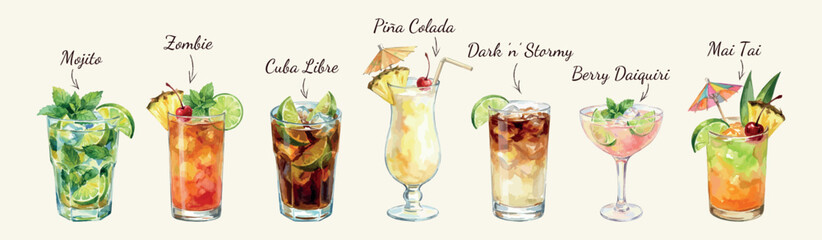 Rum classic cocktails set - 7 vector illustrations isolated on white, mojito, cuba libre, daiquiri, pina colada, mai tai, dark and stormy, zombie