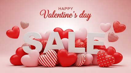 Valentine's day sale text with heart balloons on pink background